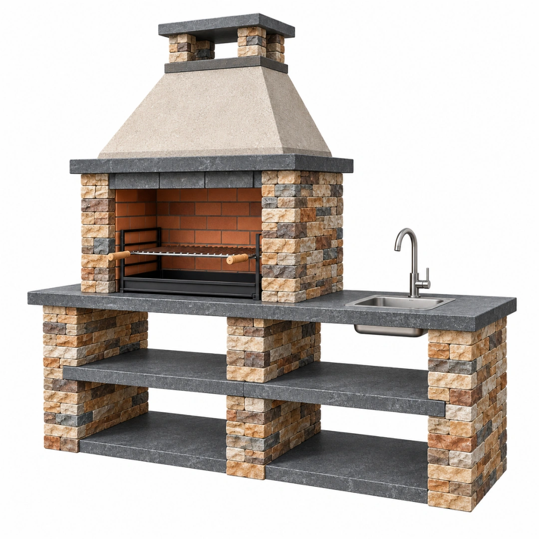 Barbacoa de obra 220 x 70 x 230 cm de piedra gris y beige con fregadero y parrilla para exterior