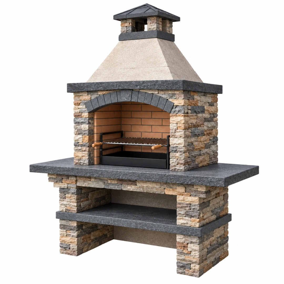 Barbacoa de obra 140 x 80 x 230 cm de piedra beige y gris con parrilla para exterior