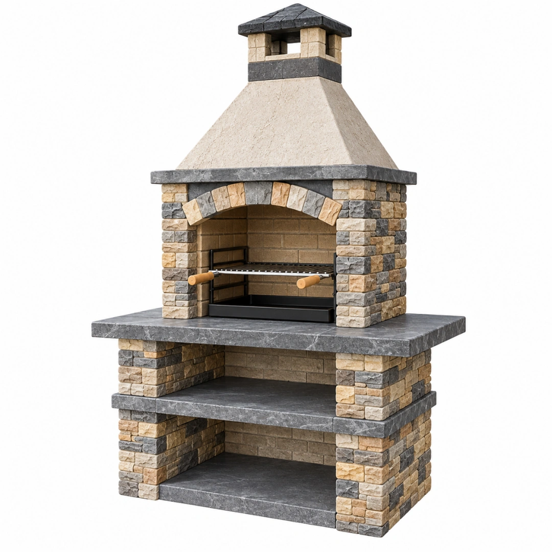 Barbacoa de obra 120 x 70 x 210 cm de piedra y ladrillo beige gris con parrilla metálica