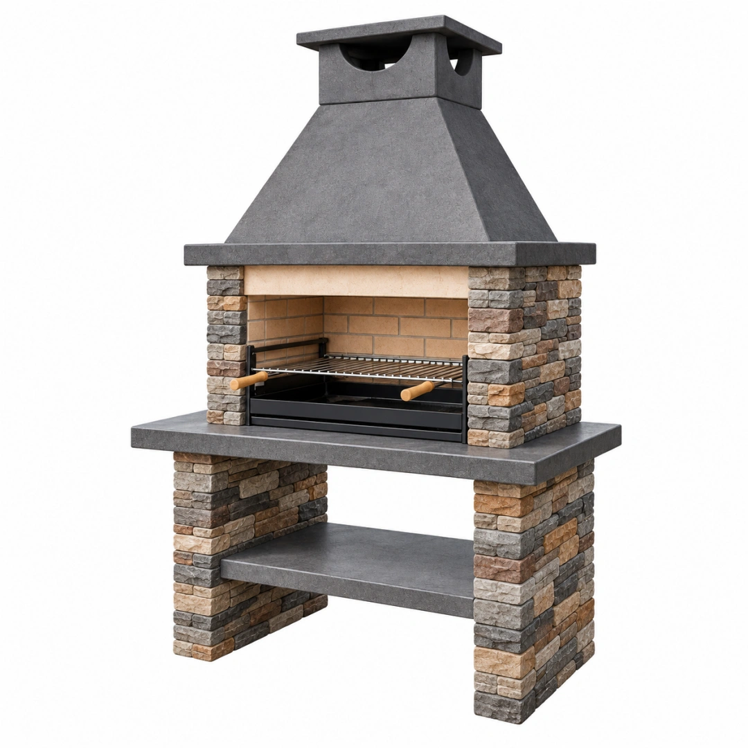 Barbacoa de obra 120 x 70 x 220 cm de piedra gris para exterior con parrilla metálica