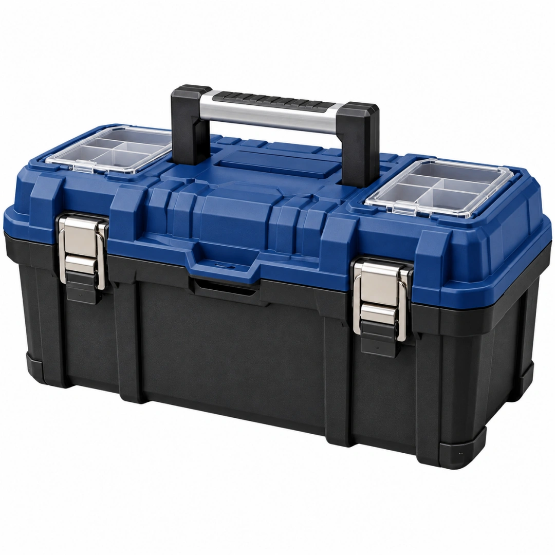 Caja de herramientas 50 x 28 x 25 cm de plástico azul y negro con organizadores y cierre metálico