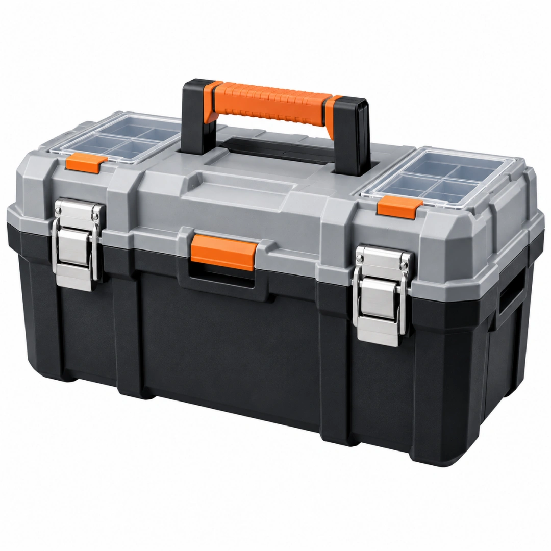 Caja de herramientas 50 x 30 x 25 cm de plástico gris negro y naranja con organizadores y cierres metálicos