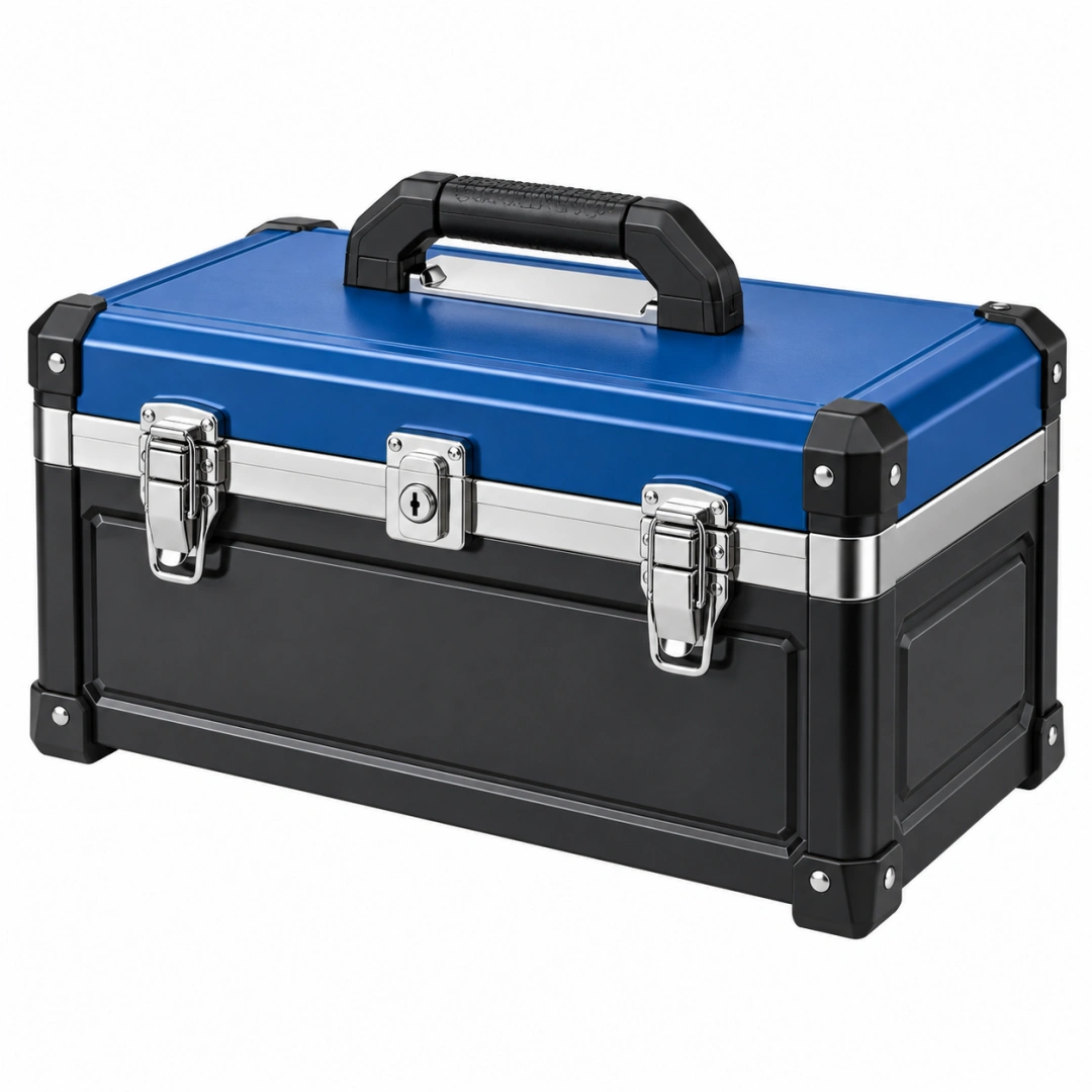 Caja de herramientas 46 x 25 x 28 cm de aluminio azul y negro con cierres metálicos portátil