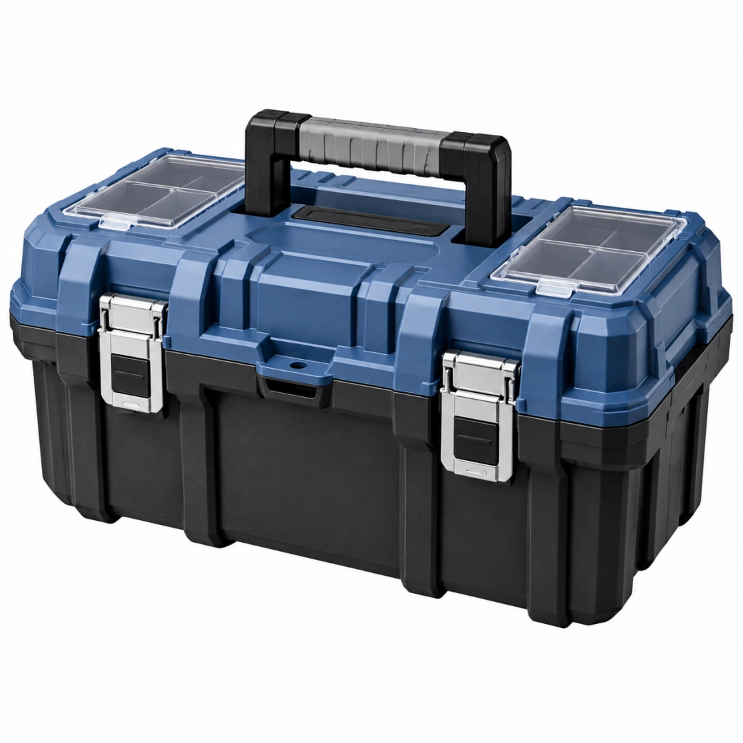 Caja de herramientas 50 x 25 x 25 cm de plástico azul y negro con organizadores y cierres metálicos
