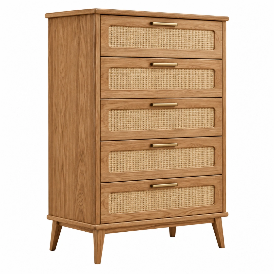 Cómoda 90 x 45 x 120 cm de madera marrón con ratán - estilo retro