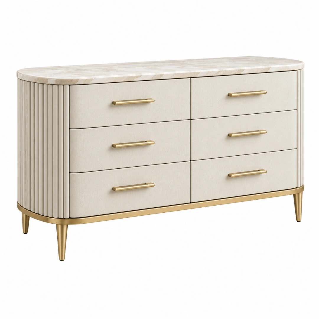 Cómoda de 150 x 45 x 85 cm en crema y dorado con 6 cajones