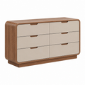 Cómoda de 140 x 45 x 85 cm con 6 cajones en madera color nogal y beige estilo contemporáneo