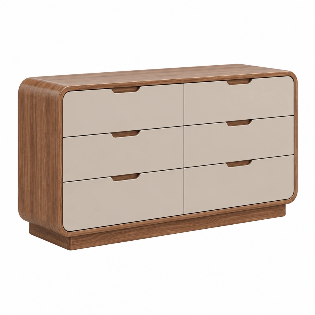 Cómoda de 140 x 45 x 85 cm con 6 cajones en madera color nogal y beige estilo contemporáneo
