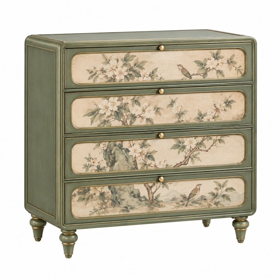 Cómoda 90 x 45 x 105 cm de madera verde y beige con 4 cajones estilo clásico