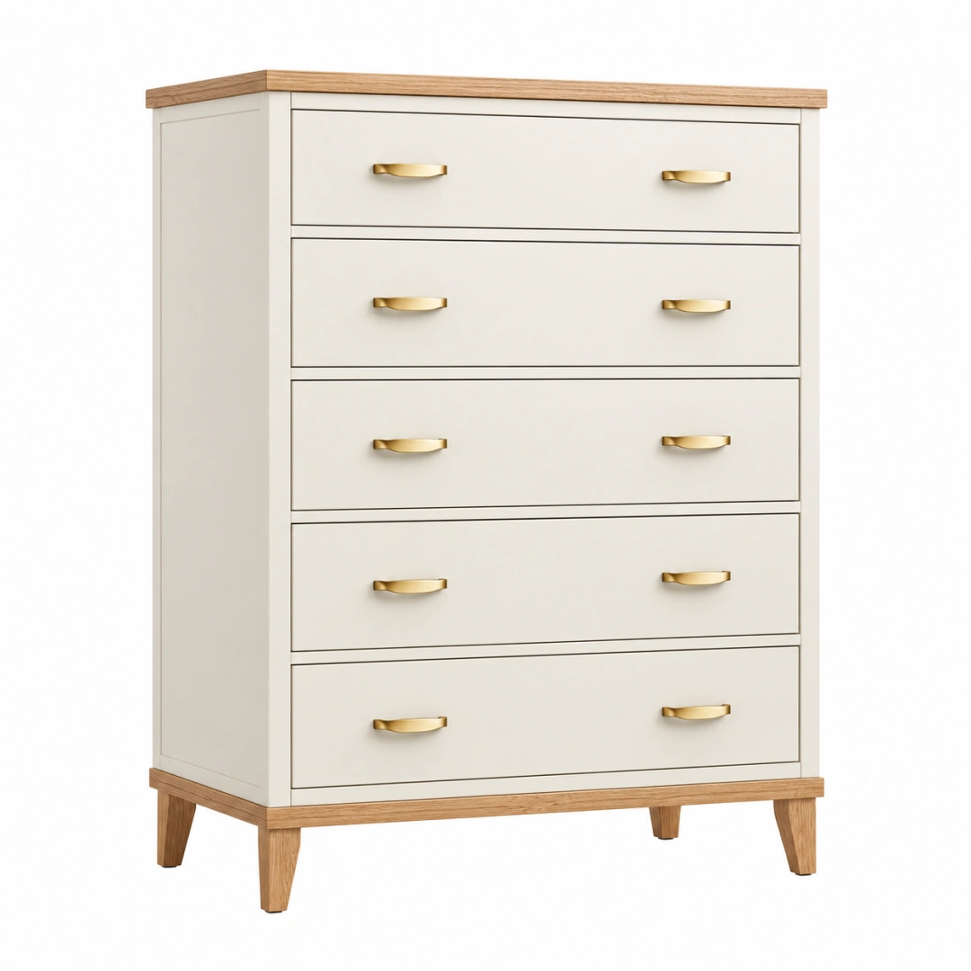 Cómoda de 90 x 45 x 120 cm en madera blanco y natural con 5 cajones estilo nórdico