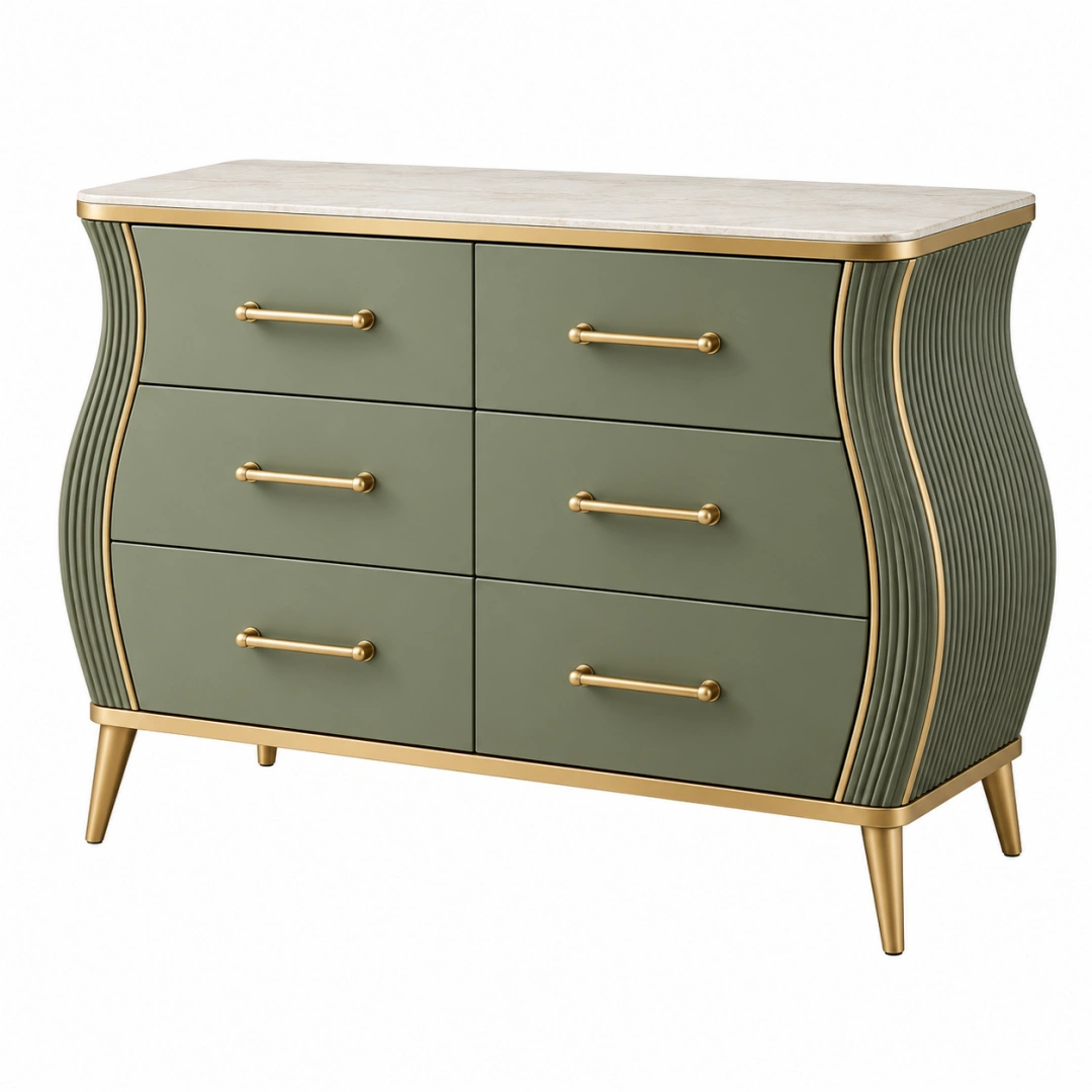 Cómoda 120 x 45 x 85 cm de tablero verde con encimera efecto mármol - 6 cajones estilo clásico