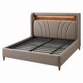 Cama doble 160 x 200 cm tapizada en piel sintética gris topo con iluminación integrada estilo moderno