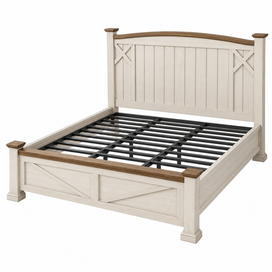 Cama doble 160 x 200 cm de madera beige y marrón con somier metálico estilo rústico