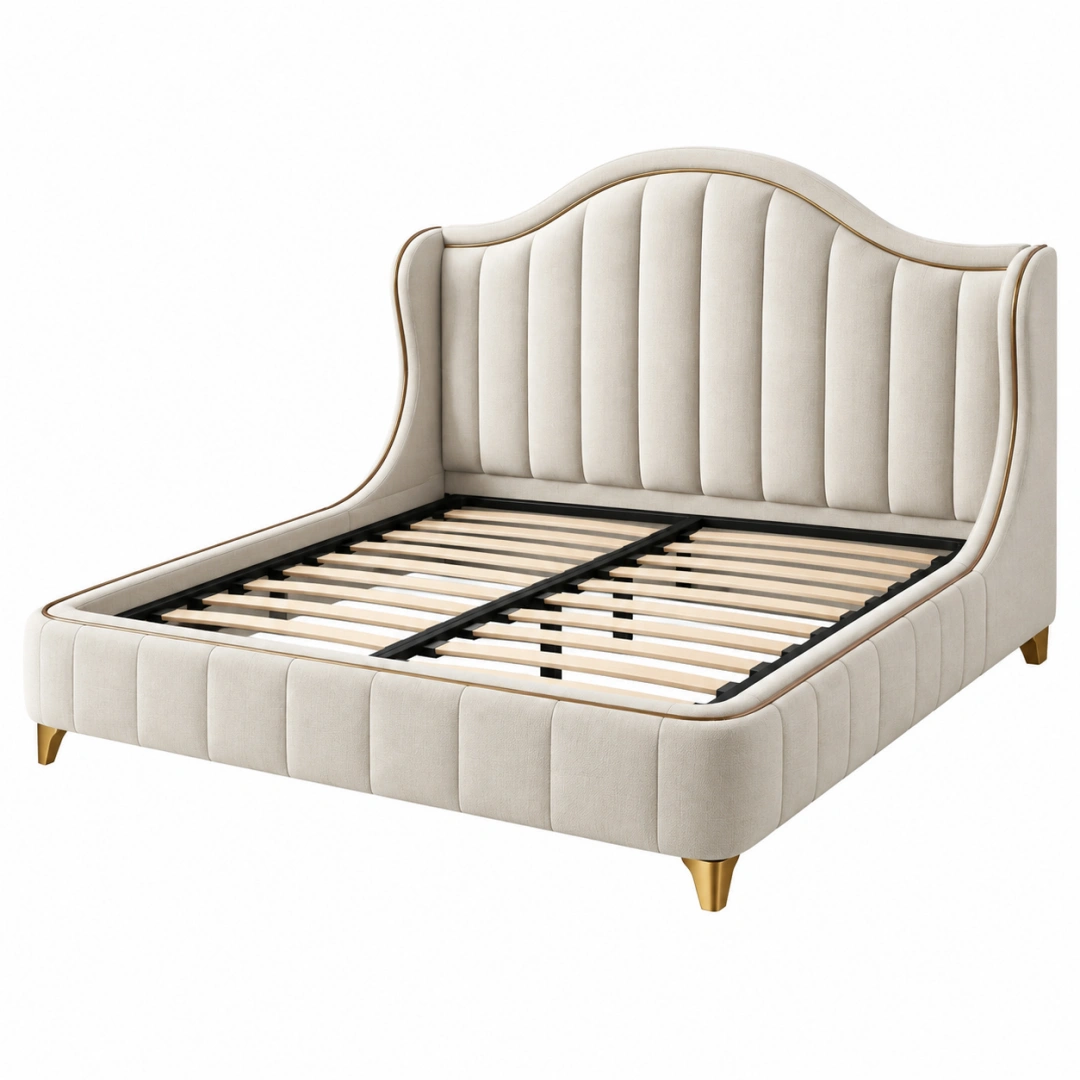 Cama doble 160 x 200 cm tapizada beige con somier de láminas estilo clásico