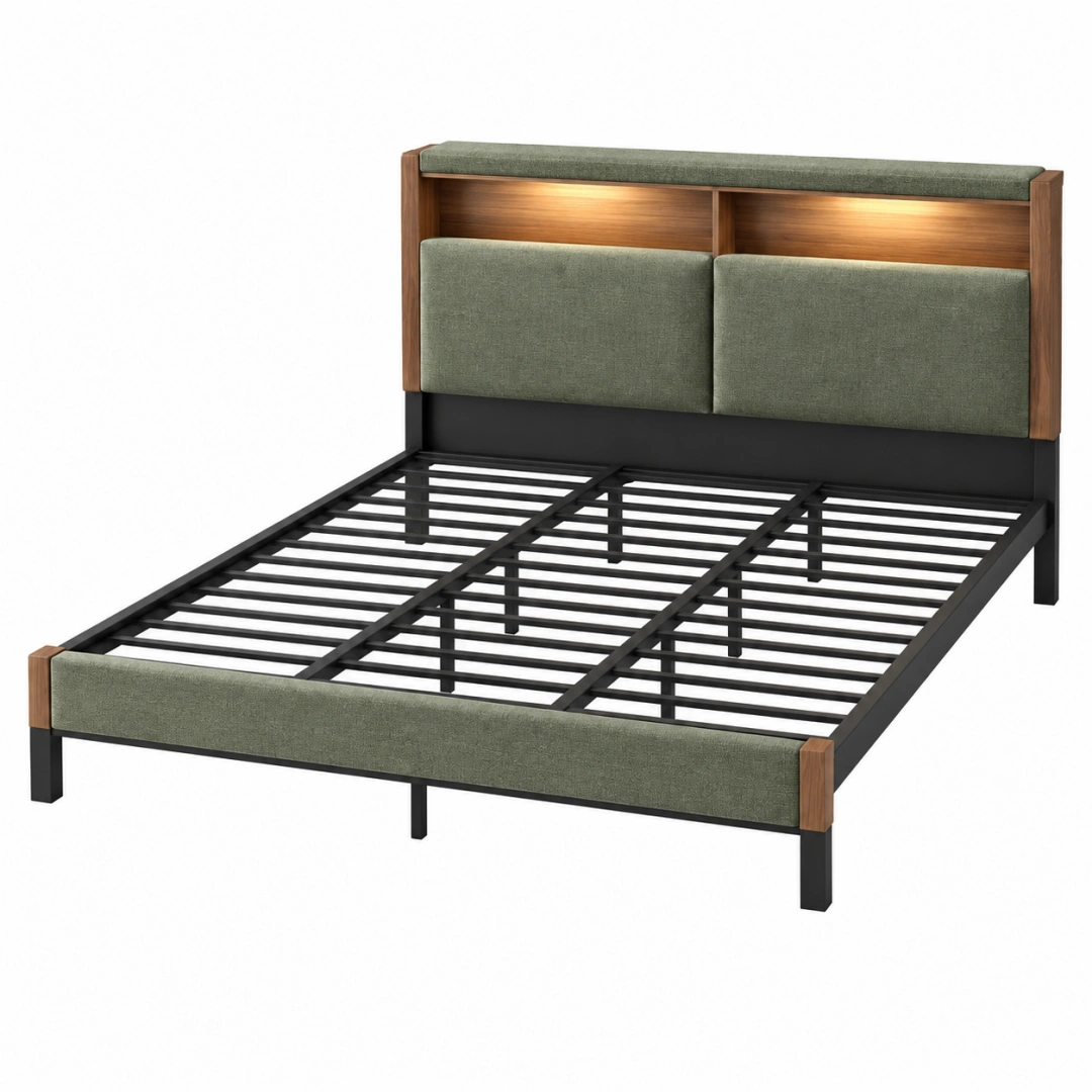Cama 160 x 200 cm de metal y madera con cabecero tapizado verde e iluminación integrada