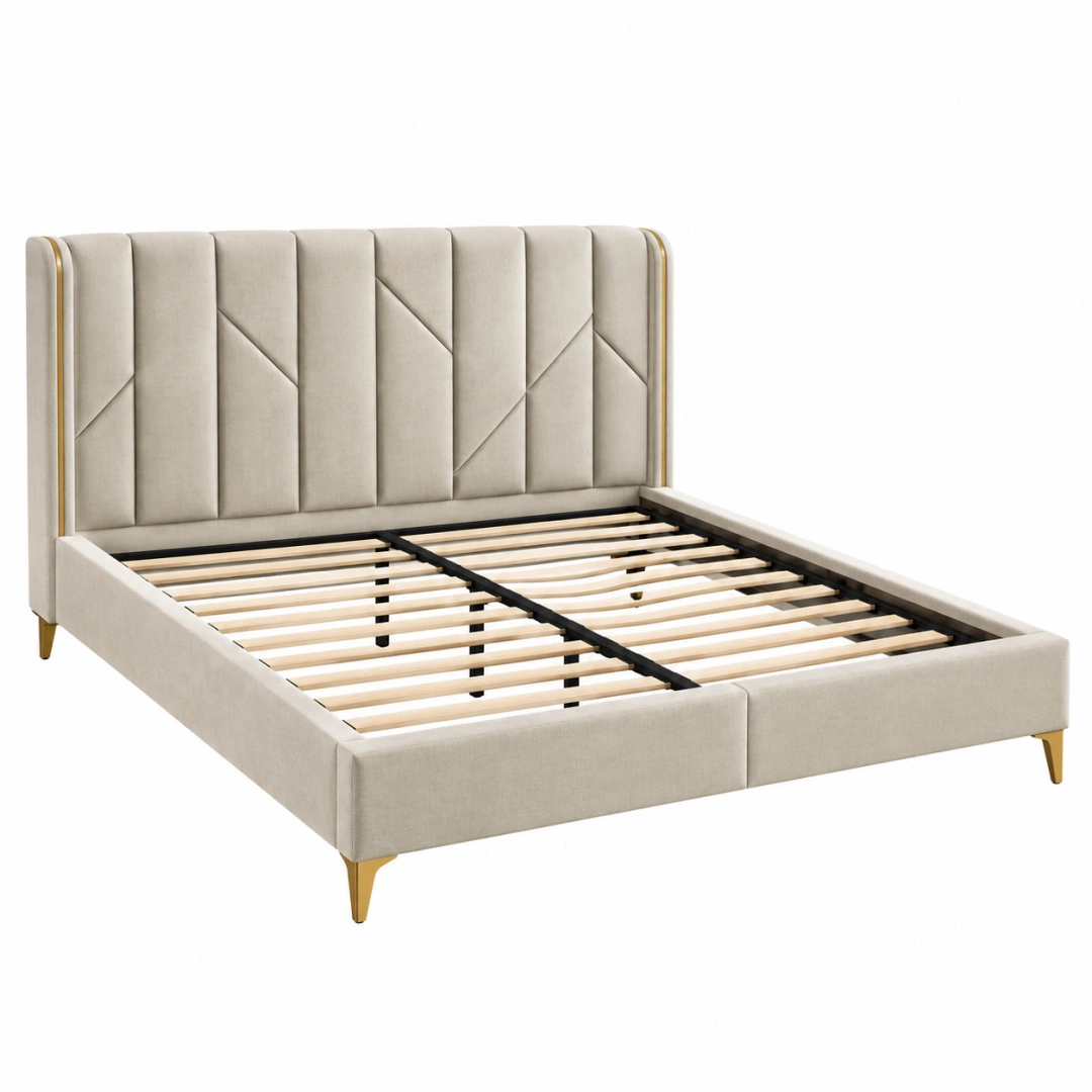 Cama tapizada 160 x 200 cm beige con somier de láminas estilo moderno