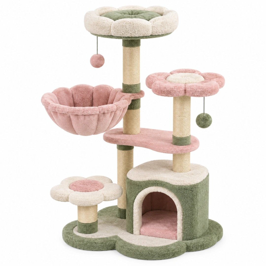 Árbol rascador para gatos 60 x 60 x 140 cm de sisal y felpa verde rosa crema con plataformas