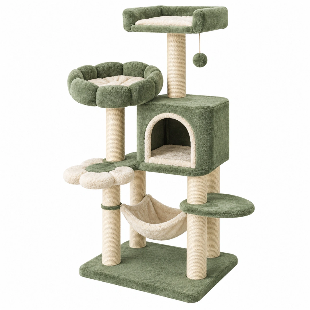 Árbol rascador para gatos 60 x 50 x 140 cm verde de felpa y sisal con cueva y hamaca