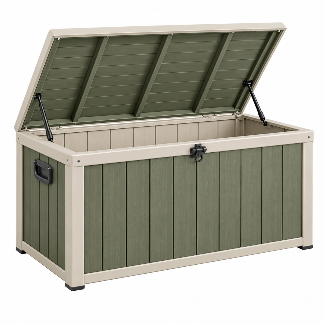 Arcón de almacenamiento exterior 120 x 55 x 65 cm de plástico verde y beige con tapa abatible