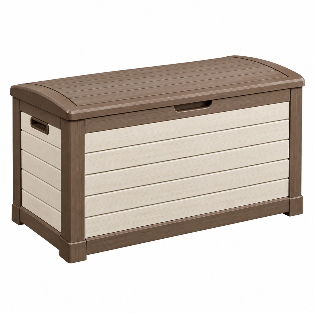 Banco arcón de almacenamiento 120 x 50 x 60 cm de resina marrón/beige para exterior