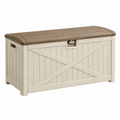 Arcón de almacenaje exterior 120 x 60 x 63 cm de resina beige y marrón con asiento
