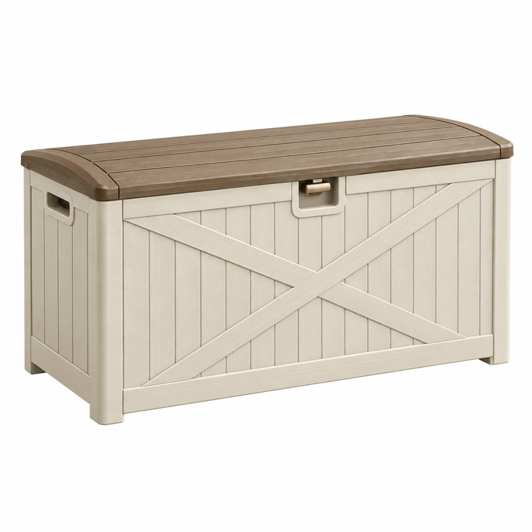 Arcón de almacenaje exterior 120 x 60 x 63 cm de resina beige y marrón con asiento