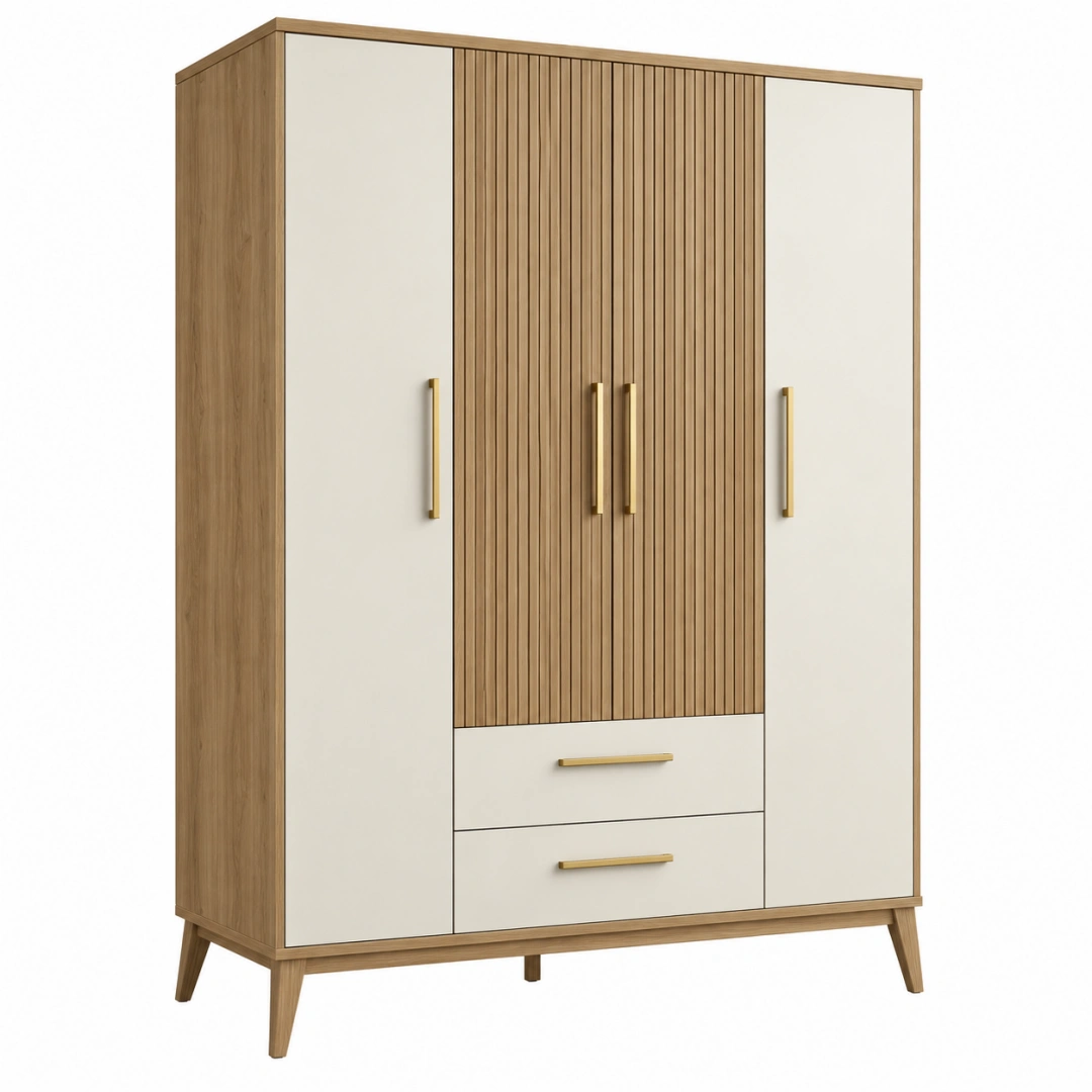 Armario de 160 x 55 x 200 cm en madera beige y blanco con 4 puertas y 2 cajones