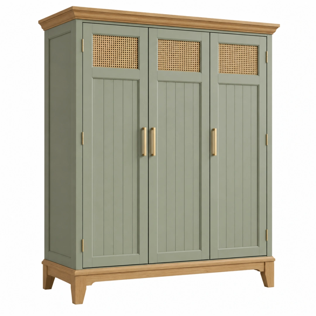 Armario 150 x 55 x 200 cm de madera verde con rejilla de ratán - almacenaje de tres puertas estilo rústico