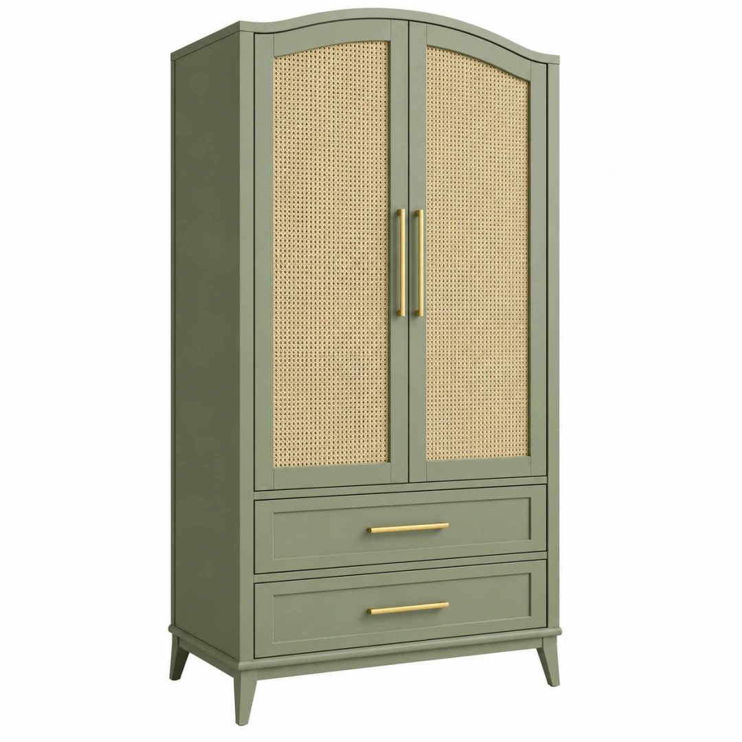Armario 90 x 50 x 190 cm de madera verde con rejilla de ratán y 2 cajones