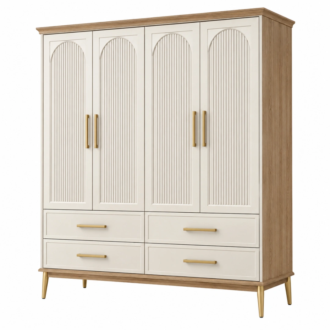 Armario 160 x 55 x 200 cm de madera manufacturada beige y roble con 4 puertas y 4 cajones