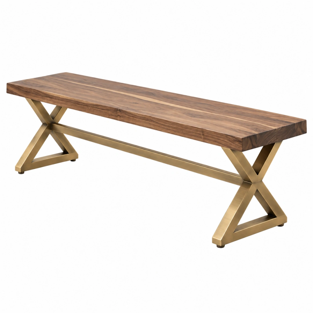 Banco de comedor 180 x 40 cm de madera marrón y metal dorado estilo industrial