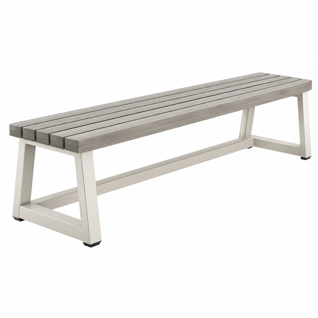 Banco de exterior 180 x 35 x 45 cm de madera gris y metal blanco estilo moderno