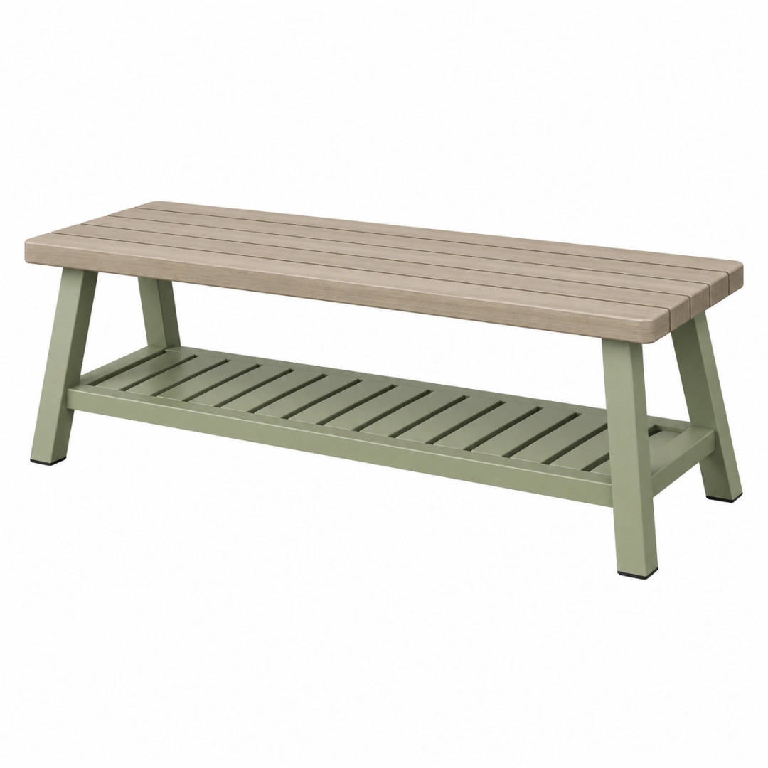 Banco de exterior 120 cm de madera y metal beige verde con estante inferior