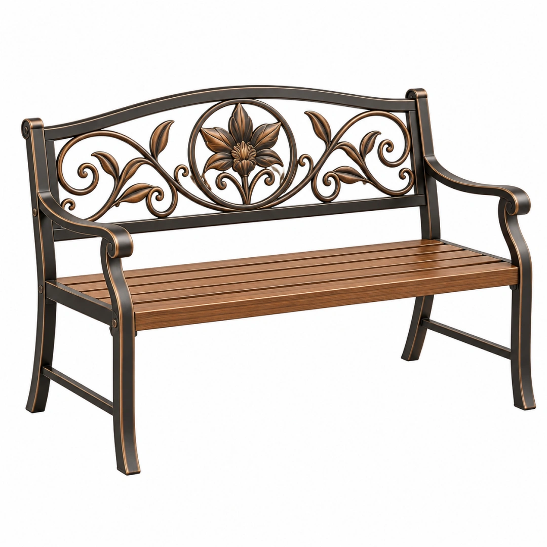 Banco de jardín 122 x 61 x 92 cm de metal y madera marrón estilo floral