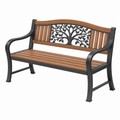 Banco de jardín 122 cm de metal y lamas efecto madera marrón negro con respaldo decorativo