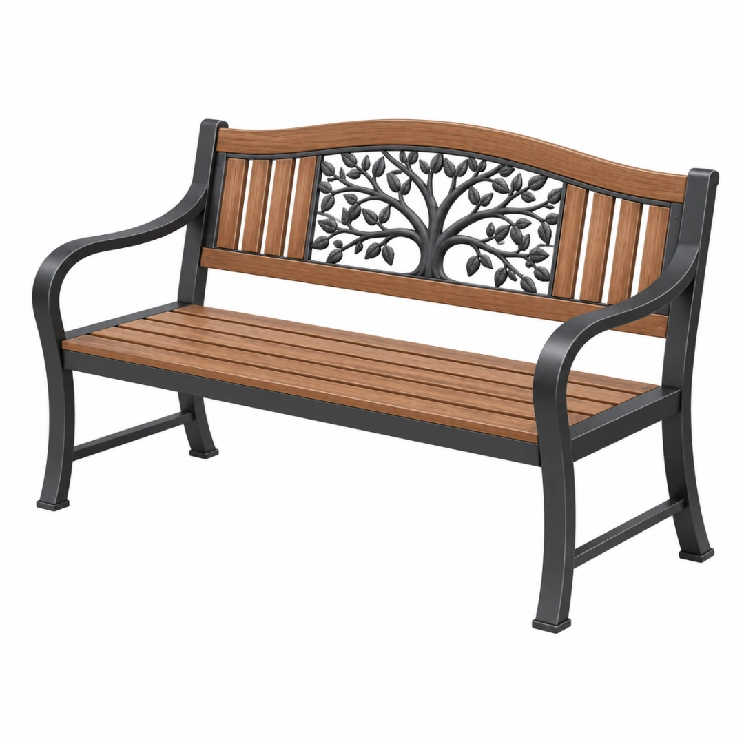 Banco de jardín 122 cm de metal y lamas efecto madera marrón negro con respaldo decorativo